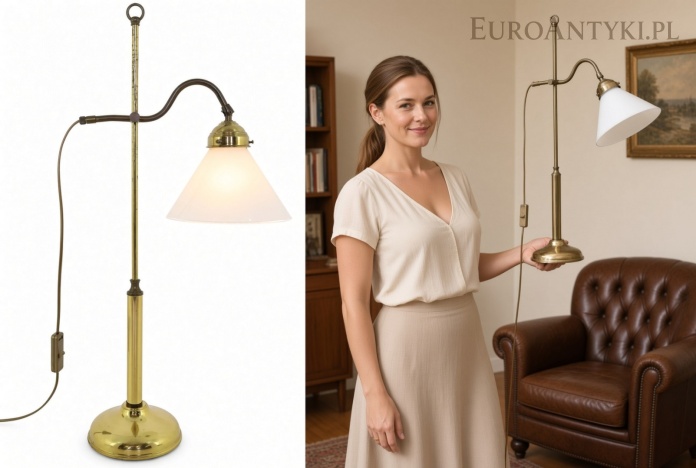 duża mosiężna lampa biurkowa vintage prezentowana w klasycznym gabinecie